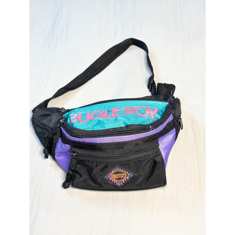 Vintage 80s 90s Bugle Boy Fanny Pack  Waist Bag Black Purple Teal neon